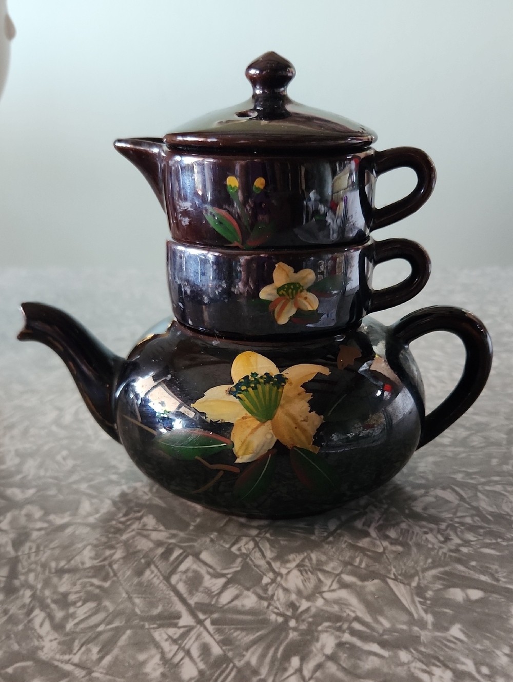 Stacked Brown Floral Ceramic Teapot Set with Yellow Flower Accents
